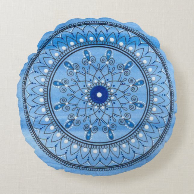 Hand Drawn Pretty Blue And White Mandala Flower Round Pillow (Front)