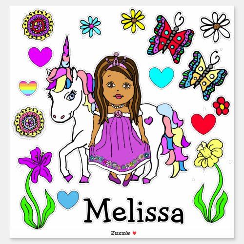 Hand Drawn Princess and Unicorn and Name Sticker