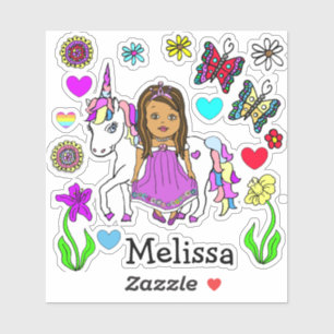 Hand Drawn Princess and Unicorn and Name Sticker