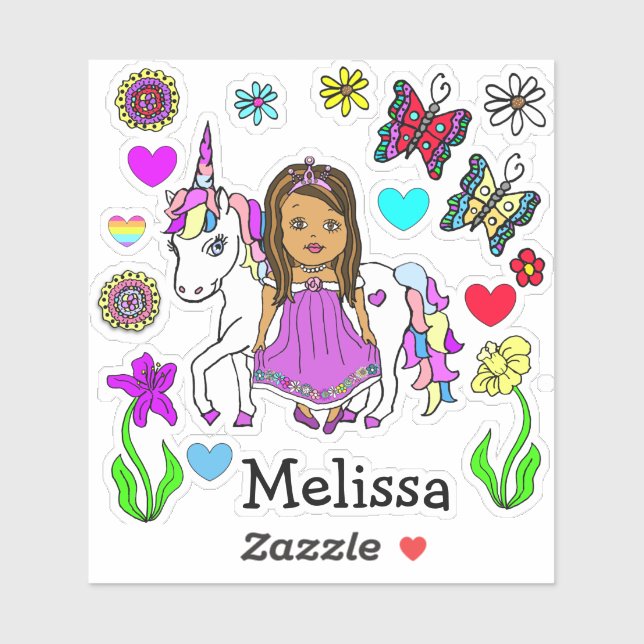 Hand Drawn Princess and Unicorn and Name Sticker (Sheet)