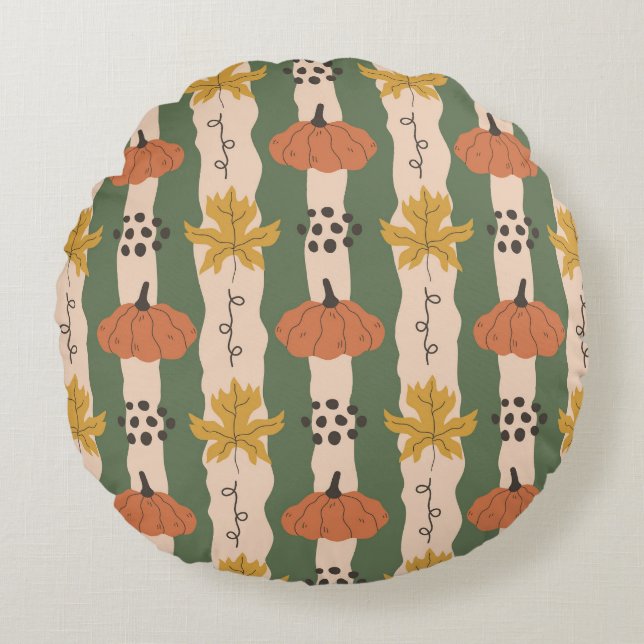 Hand Drawn Pumpkin & Leaf Pattern Round Pillow (Front)