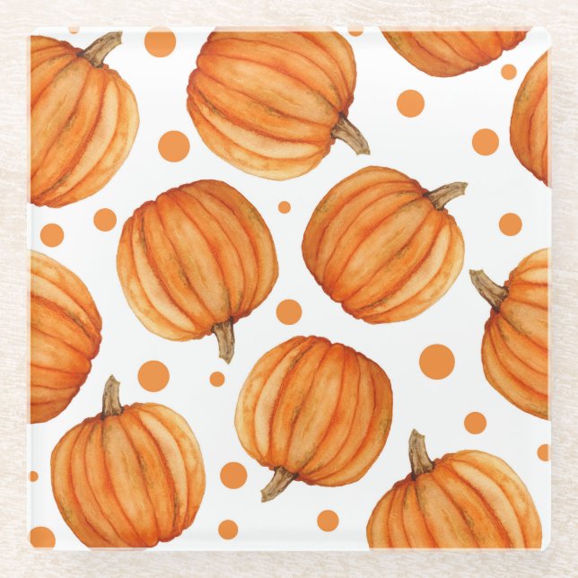 Hand-drawn pumpkins: watercolor Halloween pattern. Glass Coaster (Front)