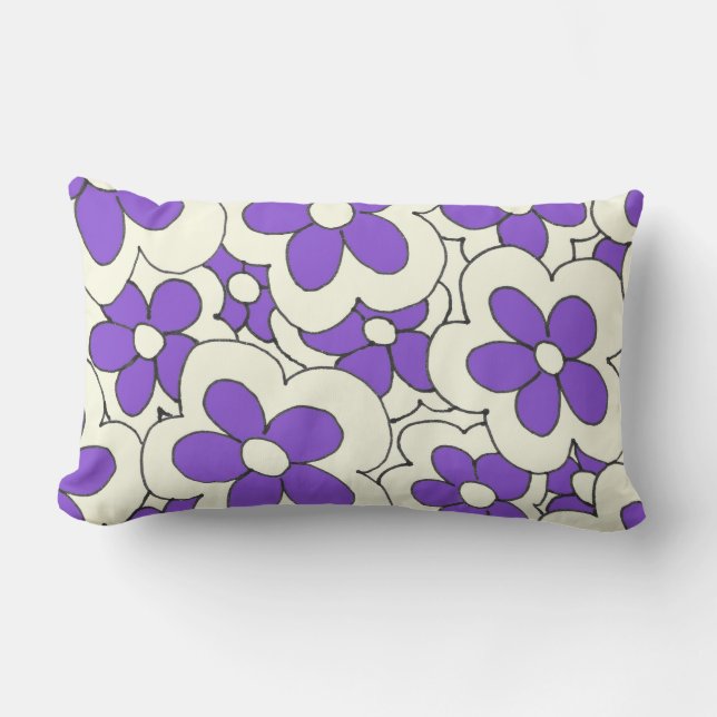 Hand Drawn Purple and Cream Flower Design Lumbar Pillow (Front)