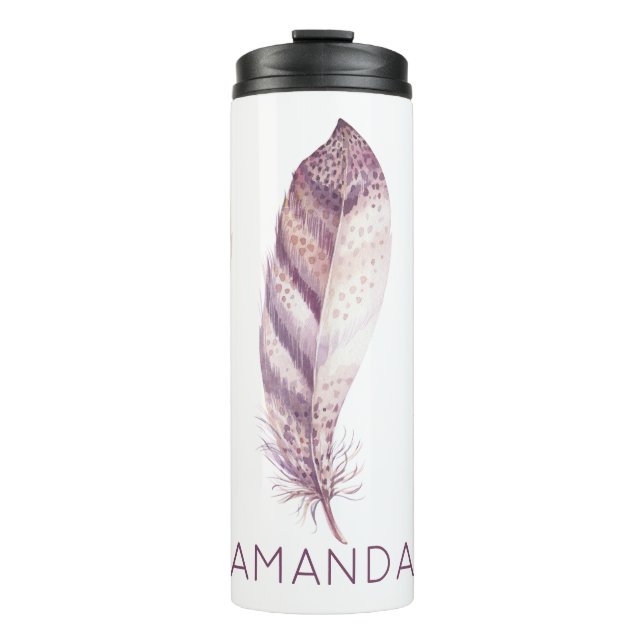 Hand drawn purple and pink  watercolor feather thermal tumbler (Front)