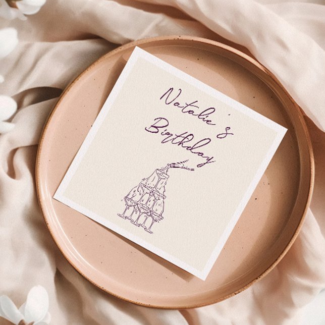 Hand Drawn Purple Champagne Tower Birthday Party Napkins (Creator Uploaded)