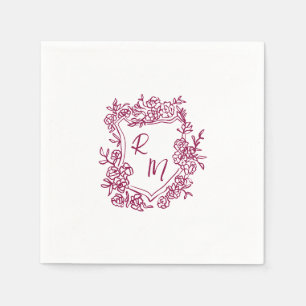 Hand Drawn Purple Floral Crest Monogram Wedding Napkins
