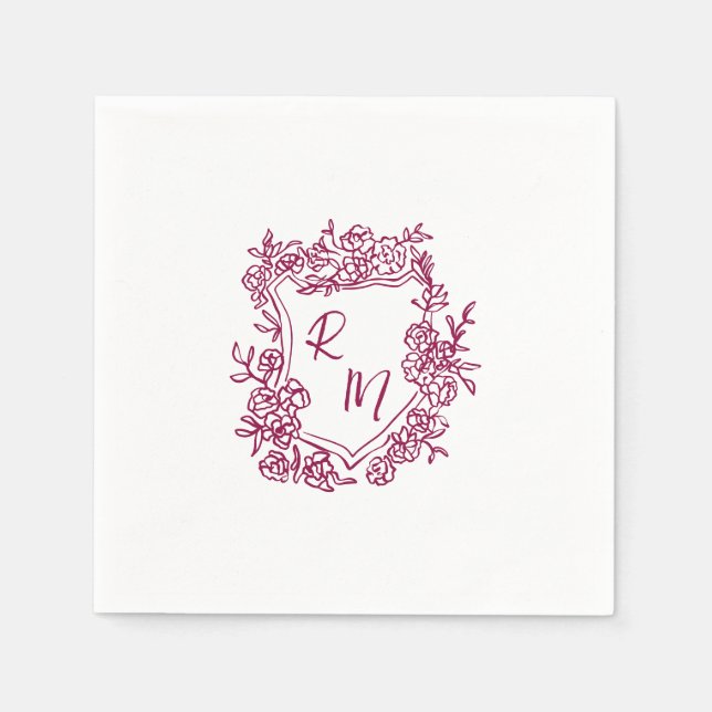 Hand Drawn Purple Floral Crest Monogram Wedding Napkins (Front)
