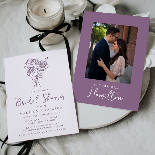 Hand_Drawn Purple Rose Bouquet Photo Bridal Shower Invitation