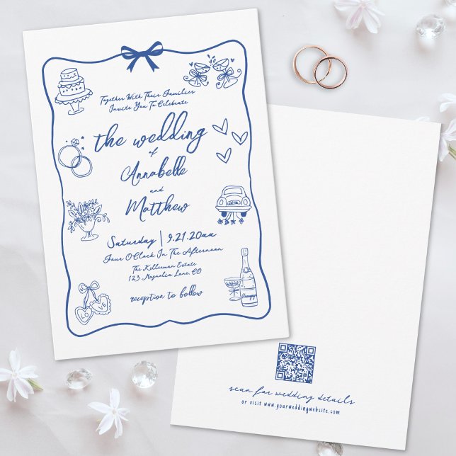 Hand Drawn QR Code Blue Whimsical Wedding Invitation (Hand Drawn QR Code Blue Whimsical Wedding Invitation)
