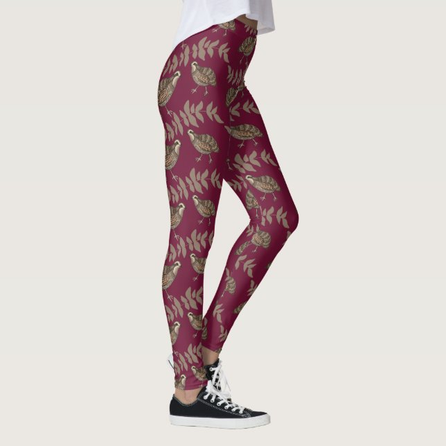 Hand Drawn Quail on Wine Leggings (Right)