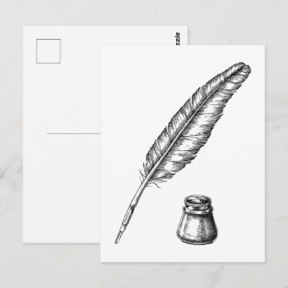 Hand drawn quill pen with an inkwell postcard