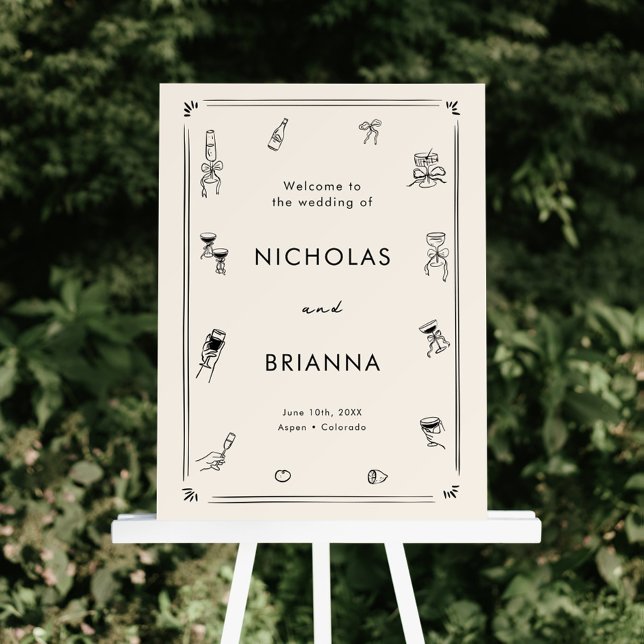 Hand Drawn Quirky Black Old Money Wedding Welcome  Foam Board (Creator Uploaded)