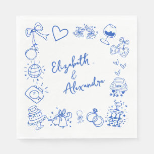 Hand Drawn Quirky Blue French Wedding Napkins