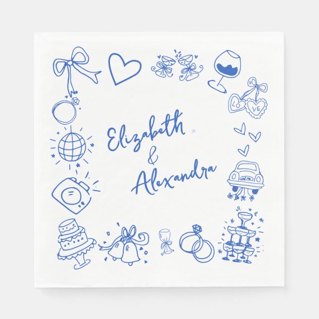 Hand Drawn Quirky Blue French Wedding Napkins (Front)