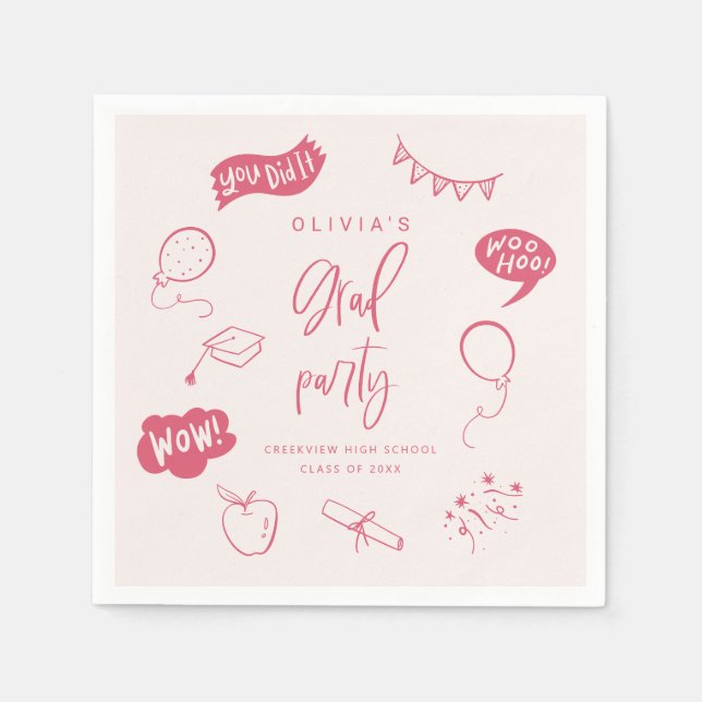 Hand Drawn Quirky Blush Pink Grad Party Napkins (Front)