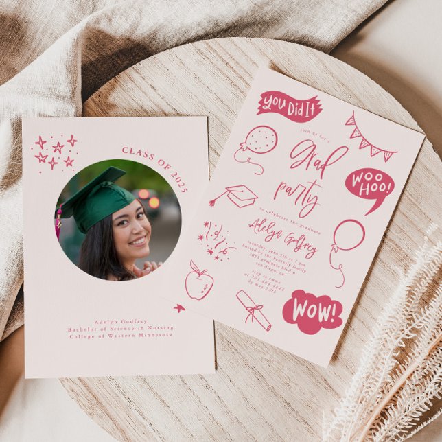 Hand Drawn Quirky Blush Pink Graduation Party  Invitation (Creator Uploaded)