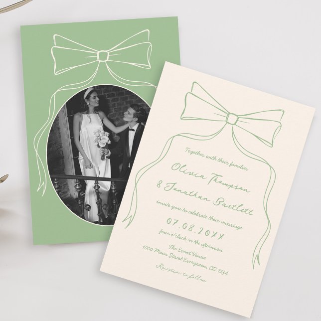Hand Drawn Quirky Bow Green Wedding  Invitation (Creator Uploaded)