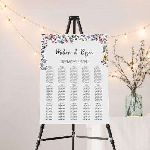 Hand drawn quirky flowers seating chart 15 tables foam board