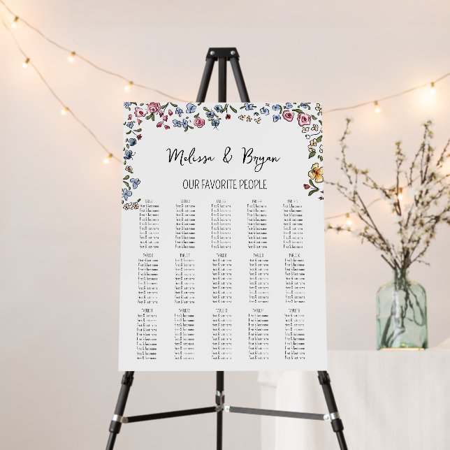 Hand drawn quirky flowers seating chart 15 tables foam board (In Situ (Stand))