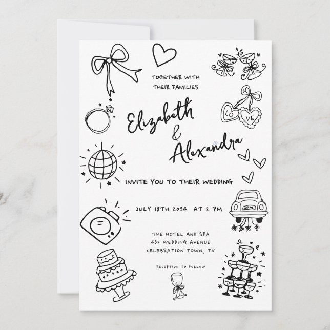 Hand Drawn Quirky French Wedding Invitation (Front)
