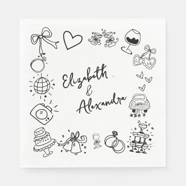 Hand Drawn Quirky French Wedding Napkins (Front)