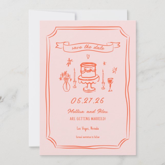 Hand Drawn Quirky Fun Retro Wedding Save The Date (Front)