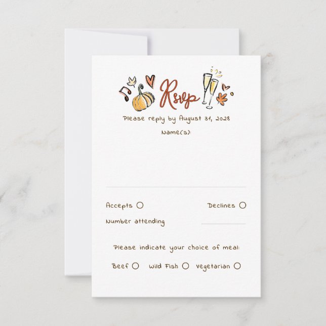 Hand Drawn Quirky Funky Fall Wedding RSVP Card (Front)