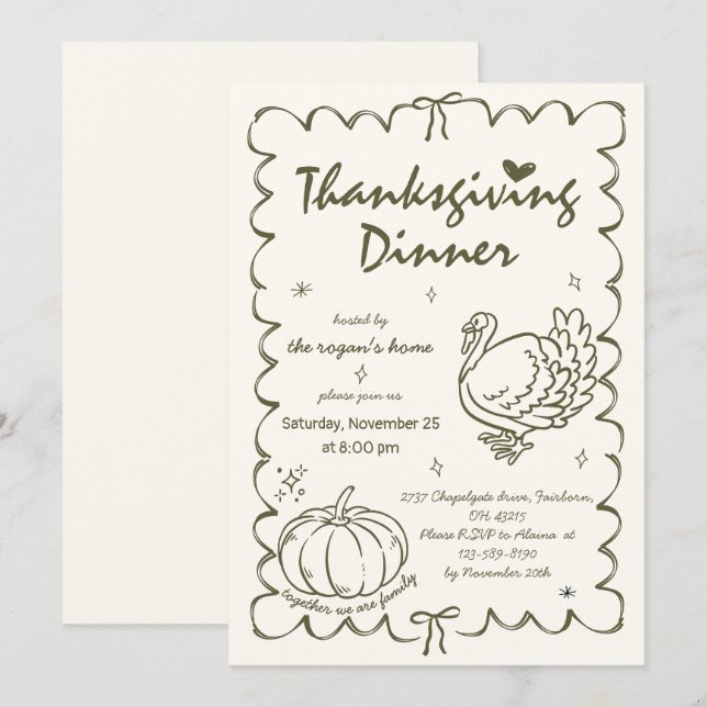 Hand Drawn Quirky Pumpkin Turkey Thanksgiving Invitation (Front/Back)