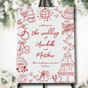 Hand Drawn Quirky Red Wedding Welcome Sign