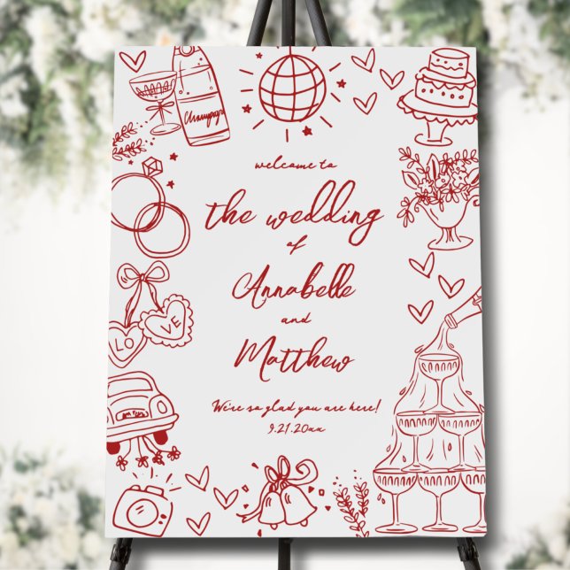 Hand Drawn Quirky Red Wedding Welcome Sign (Hand Drawn Quirky Red Wedding Welcome Sign)