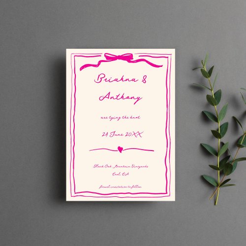 Hand drawn quirky scribble pink ribbon save the date