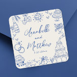 Hand Drawn Quirky Vintage Blue Wedding Square Sticker<br><div class="desc">Personalized Hand-Drawn Quirky Blue Wedding Stickers. These fun and playful square wedding stickers feature quirky doodle illustrations surrounding the design, all in a vibrant blue theme with an off-white background. Elements like a champagne tower, wedding cake, disco ball, hearts, wedding bells, rings, cameras, and more create a whimsical and celebratory...</div>