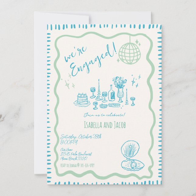 Hand Drawn Quirky Wavy Engagement Party           Invitation (Front)
