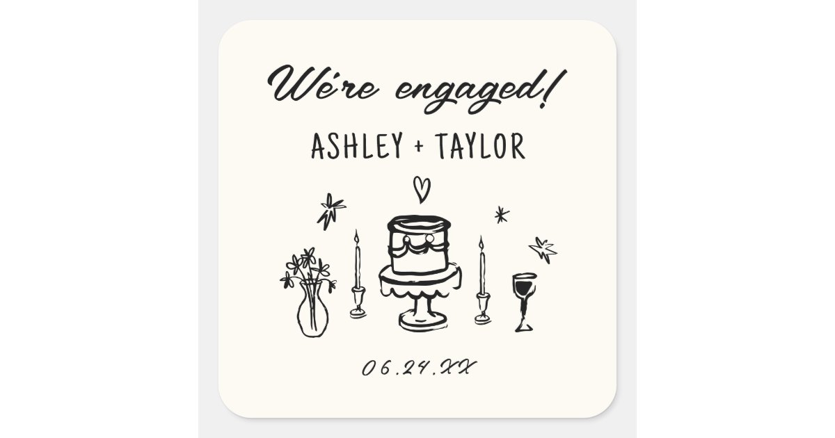 Hand Drawn Quirky We're Engaged Engagement Party Square Sticker | Zazzle