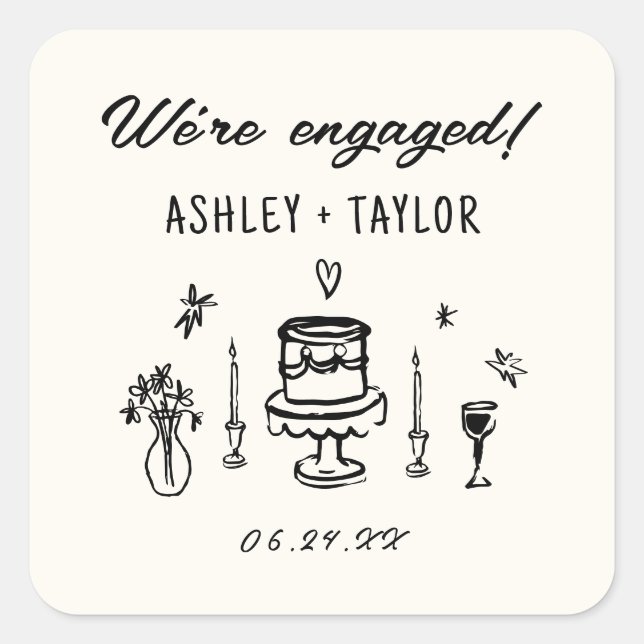 Hand Drawn Quirky We're Engaged Engagement Party Square Sticker (Front)