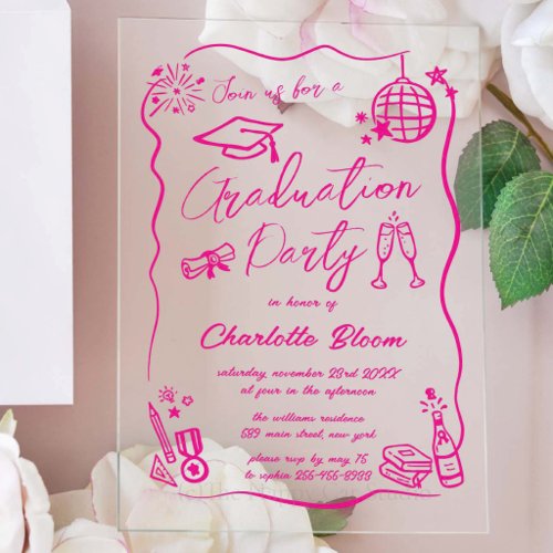 Hand Drawn Quirky Whimsy Doodles Graduation Party  Acrylic Invitations