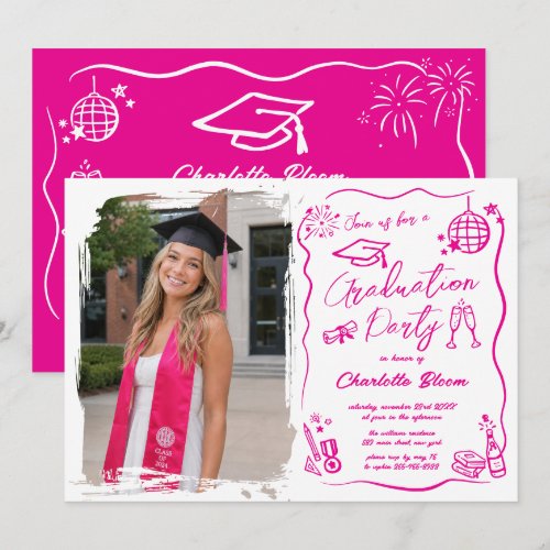 Hand Drawn Quirky Whimsy Doodles Graduation Photo Invitation