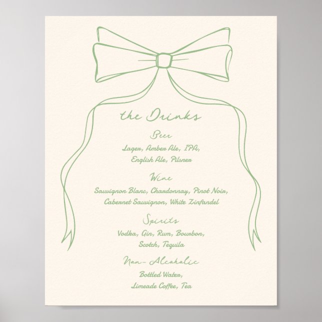 Hand Drawn Quriky Bow Green Wedding Bar Drink Menu Poster (Front)