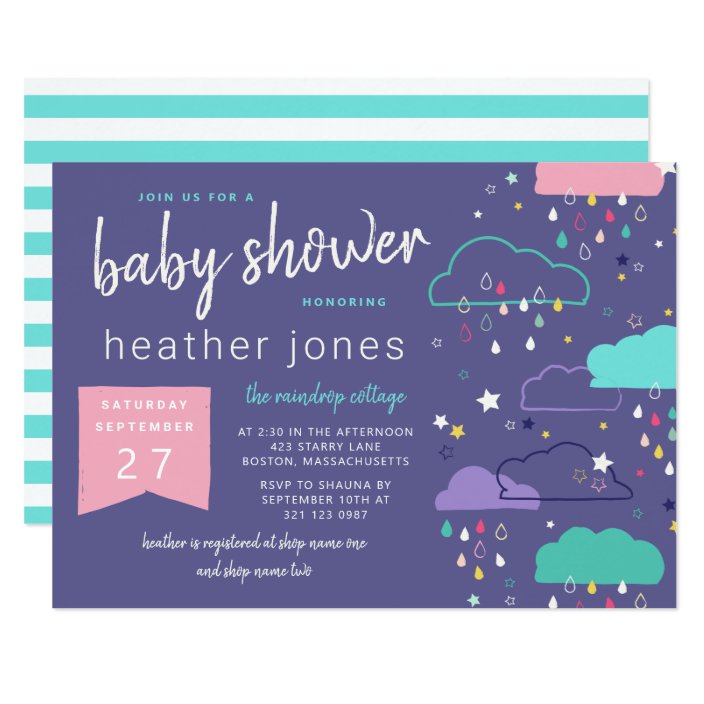 Hand Drawn Rain Clouds Stars Pink Baby Shower Invitation Zazzle Com