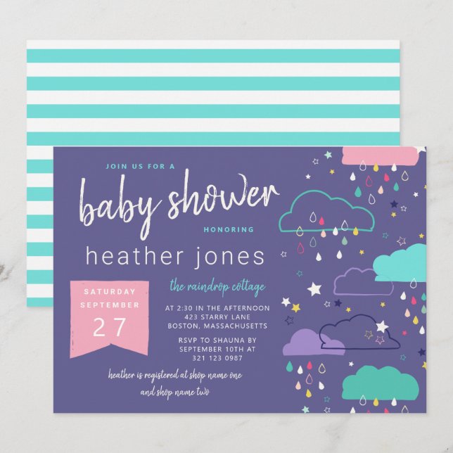 Hand-drawn Rain Clouds Stars Pink Baby Shower Invitation (Front/Back)