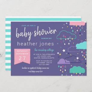 Hand-drawn Rain Clouds Stars Pink Baby Shower Invitation