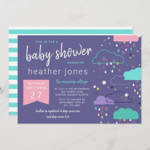 Hand_drawn Rain Clouds Stars Pink Baby Shower Invitation