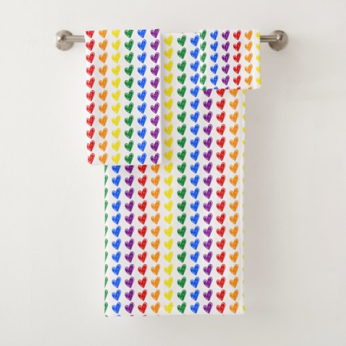 Hand Drawn Rainbow Heart Pattern Bath Towel Set