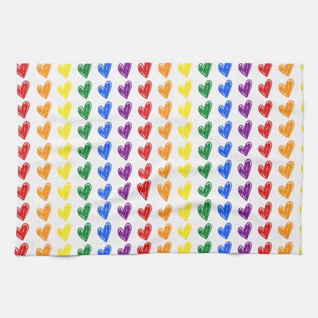 Hand Drawn Rainbow Heart Pattern Kitchen Towel (Horizontal)