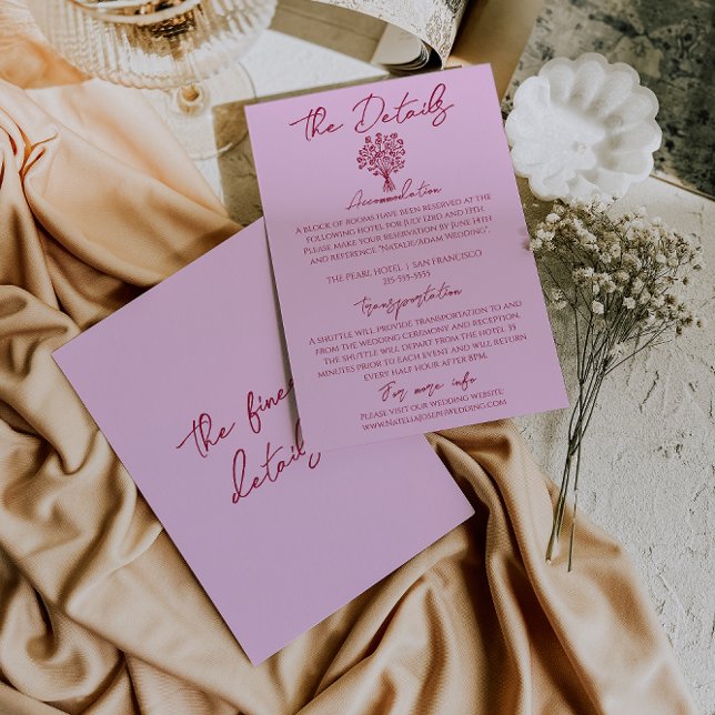Hand Drawn Raspberry Pink Floral Wedding Details Enclosure Card (Creator Uploaded)
