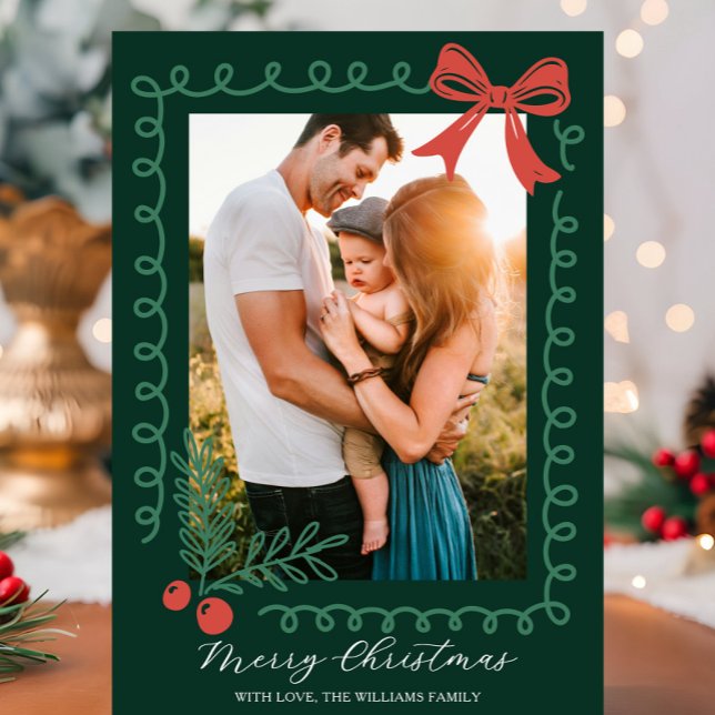 Hand Drawn Red and Green Merry Holiday Card (Red and green holiday card with hand drawn spiral border, holly, berries, bow, and “Merry Christmas")