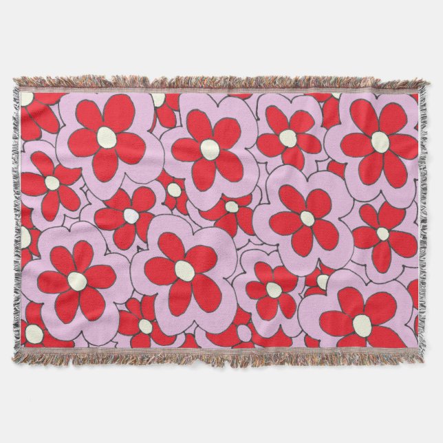 Hand Drawn Red and Pink Flower Design Throw Blanket (Front)