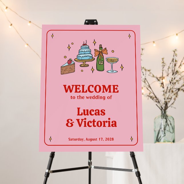 Hand Drawn Red and Pink Whimsical Wedding Welcome Foam Board (In Situ (Stand))