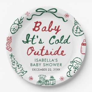 Hand Drawn Red Baby It's Cold Outside Baby Shower Paper Plates