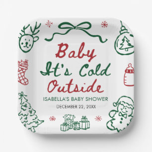 Hand Drawn Red Baby It's Cold Outside Baby Shower Paper Plates